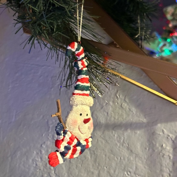 Vintage Blue and red stripes silly hat and scarf snowman face ornament - Picture 7 of 14